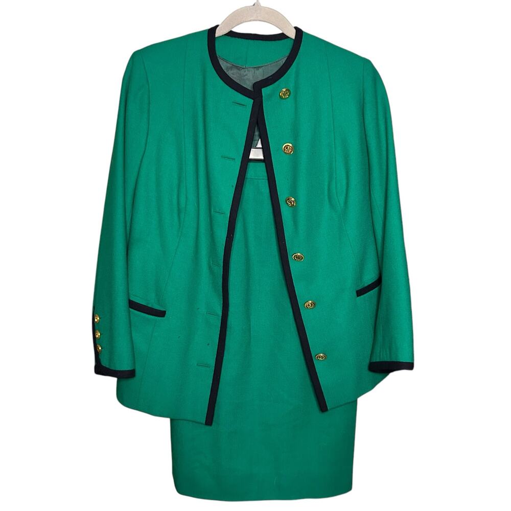 Vintage Wool Green & Navy Two Piece Skirt & Blazer Set